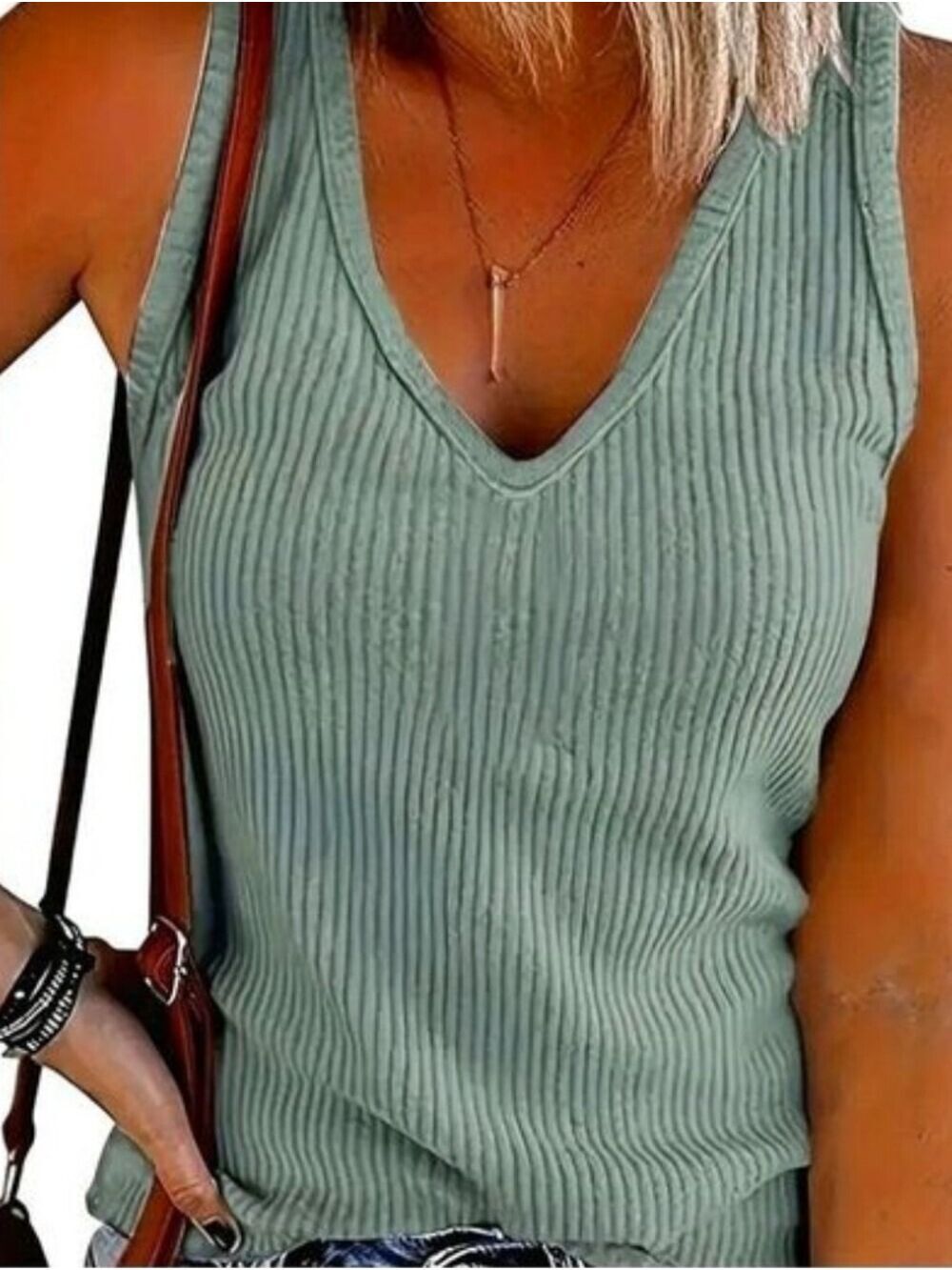 TRÏBE FASHIONS Sleeveless V Neck Green Ribbed Tank Top Size XL NWT